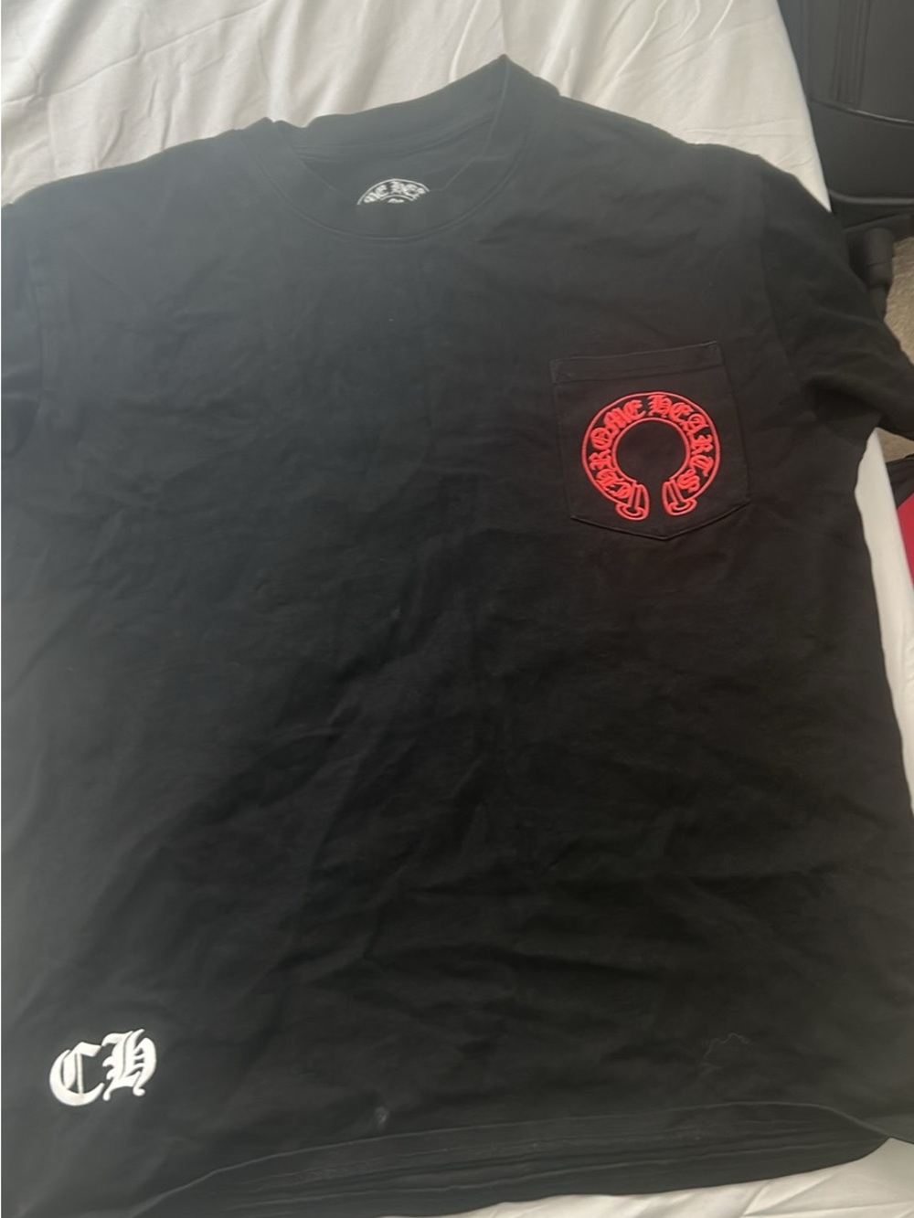 Chrome Hearts Black Short Sleeve Pocket Tee with Red Pocket Graphic
